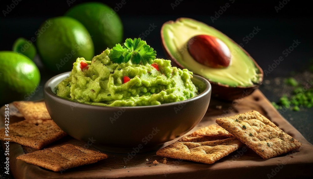 Creamy Guacamole with Crackers: A close-up of a bowl of freshly made guacamole with a cracker on top. The guacamole is a vibrant green color, and the crackers are golden brown. The image is shot in a Creamy Guacamole with Crackers: A close-up of a bowl of freshly made guacamole with a cracker on top. The guacamole is a vibrant green color, and the crackers are golden brown. The image is shot in a