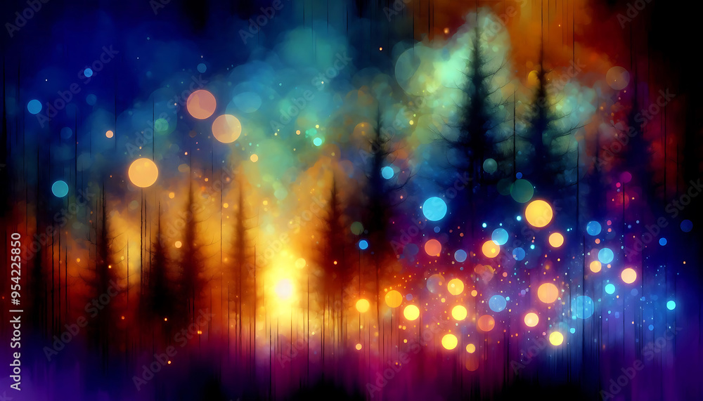 Abstract depiction of a forest at dusk tall dark evergreen trees against a colorful background. The scene is illuminated by numerous glowing orbs of light in warm hues of orange yellow and cool blues Abstract depiction of a forest at dusk tall dark evergreen trees against a colorful background. The scene is illuminated by numerous glowing orbs of light in warm hues of orange yellow and cool blues