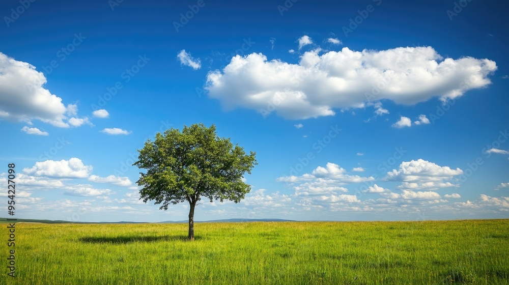 A lone tree in a wide, open meadow, with the blue sky and clouds creating a serene backdrop. A lone tree in a wide, open meadow, with the blue sky and clouds creating a serene backdrop.