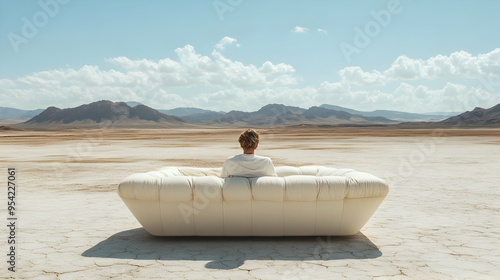 Man sits on white sofa faci...