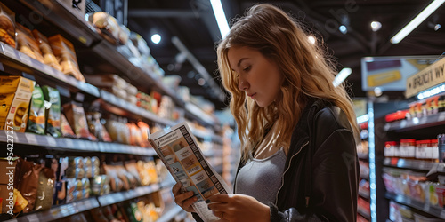 Woman Reading Food Label in Grocery Store, Shopper Examining Nutrition Facts in Supermarket