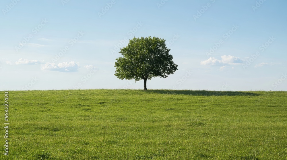 A single tree in an open field of green grass, the sky behind it bright and clear, with a few scattered clouds. A single tree in an open field of green grass, the sky behind it bright and clear, with a few scattered clouds.