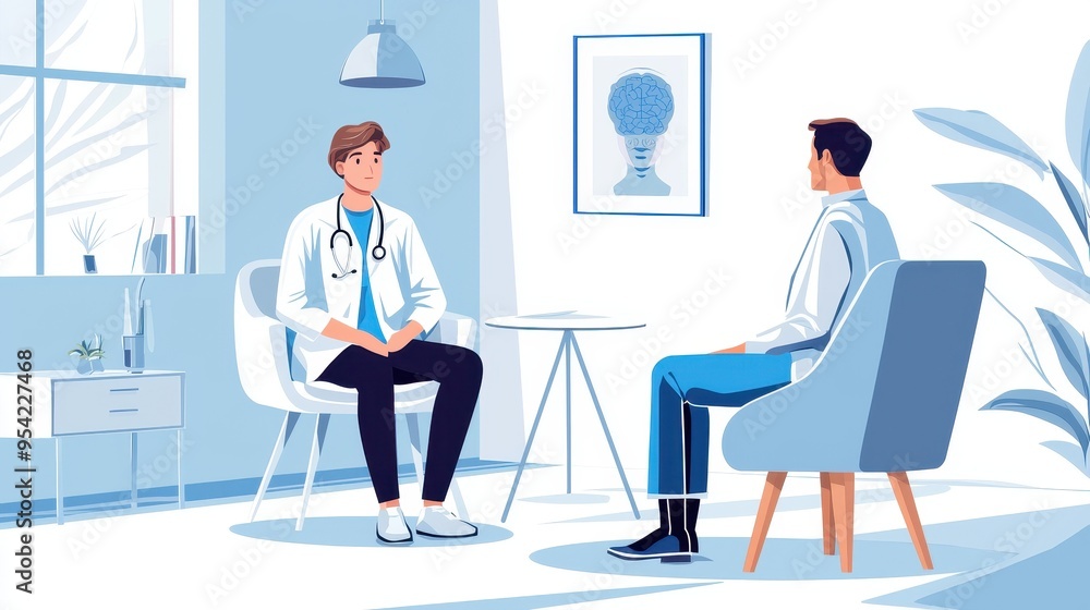 A doctor conducting a consultation with a patient in a modern, bright office environment focused on health and wellness. A doctor conducting a consultation with a patient in a modern, bright office environment focused on health and wellness.