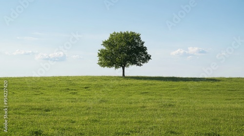 A single tree in an open field of green grass, the sky behind it bright and clear, with a few scattered clouds.