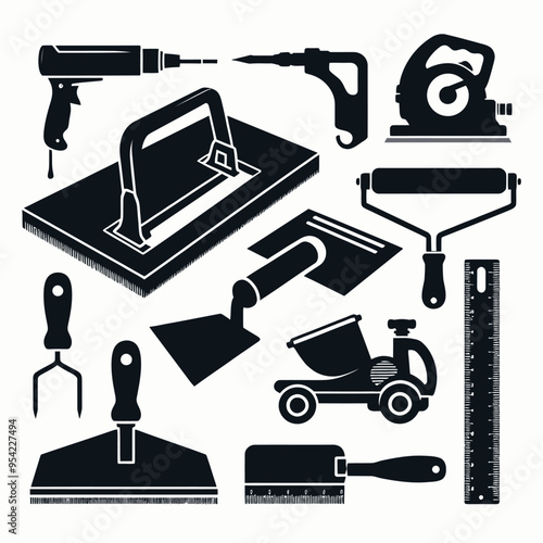 silhouette set of tools used in flooring installation, such as a floor scraper, trowel, and measuring tape