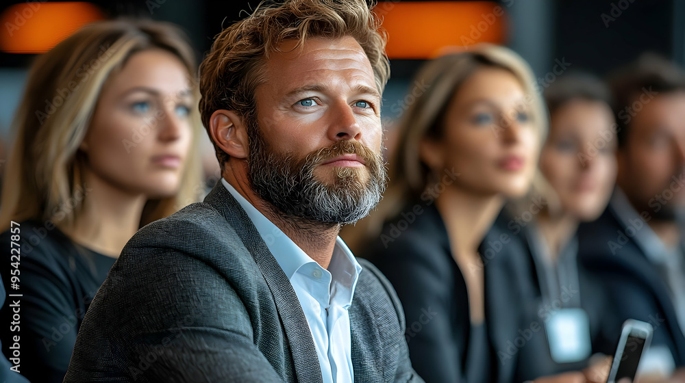 Obraz premium Man with grey beard looking up, sitting with women in suits during a presentation.