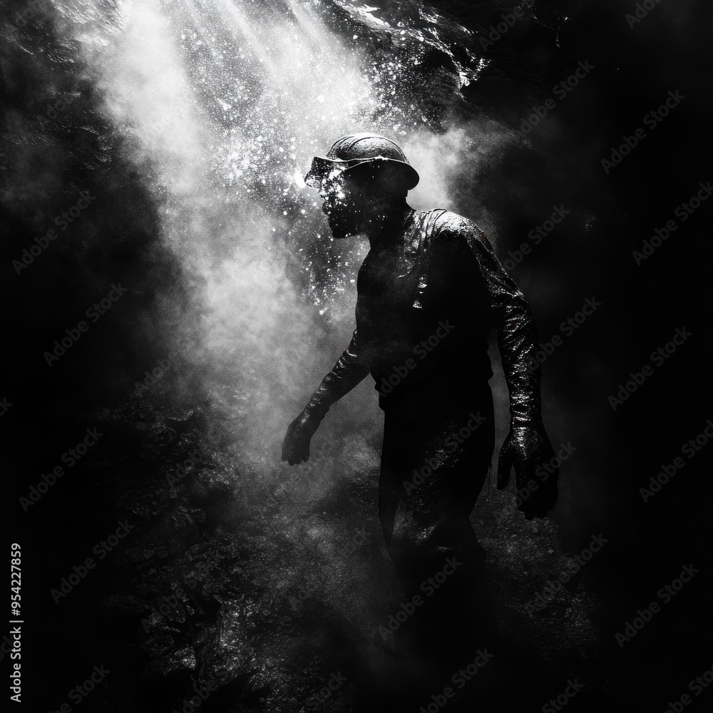 Fototapeta premium Silhouette of a Miner Emerging from a Dark and Misty Cave