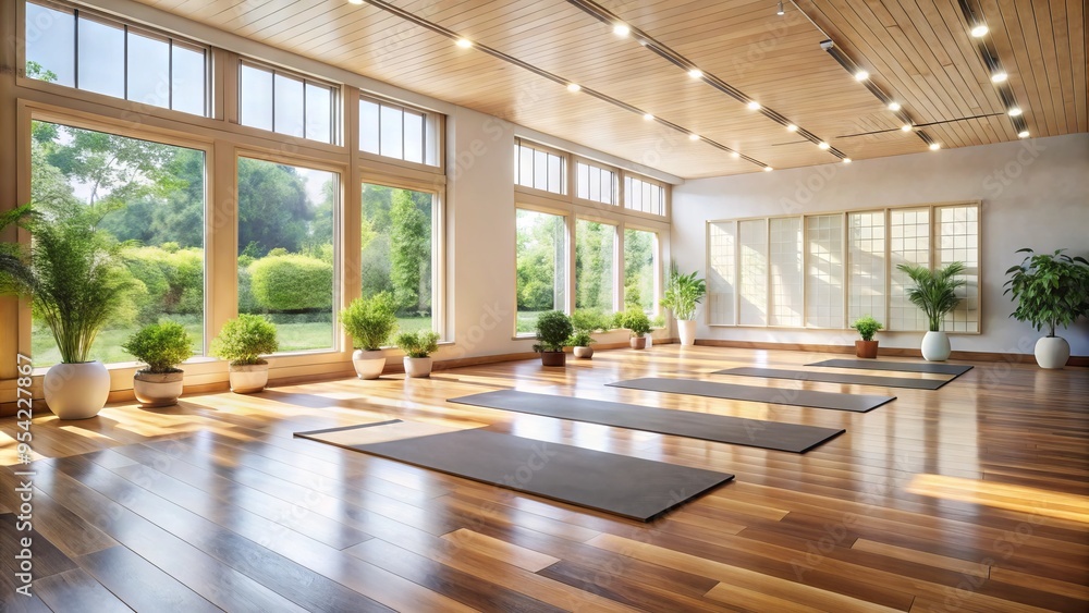 Fototapeta premium Serenene and spotless yoga studio with gleaming wood floors, minimalist decor, and plenty of natural light, providing a