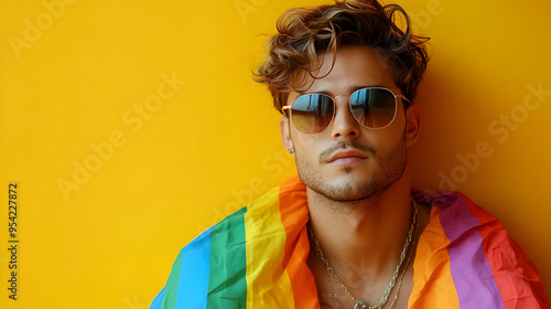 Man with rainbow flag drape...
