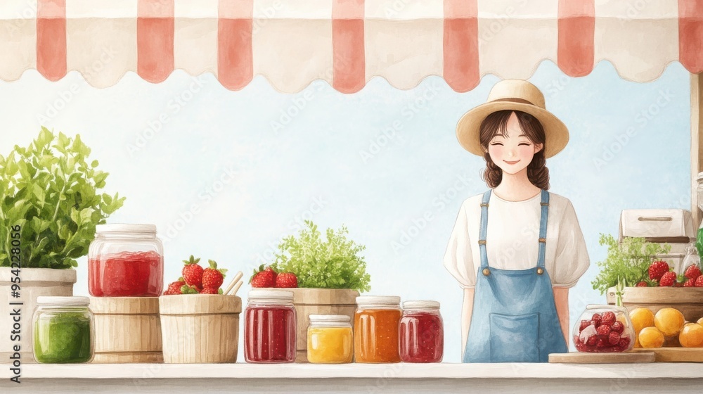 A cheerful vendor in a market, showcasing fresh produce and homemade goods under a striped canopy. A cheerful vendor in a market, showcasing fresh produce and homemade goods under a striped canopy.