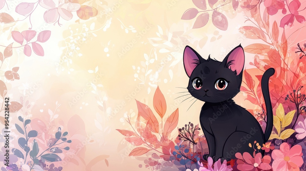 A charming black cat sits among vibrant flowers, creating a whimsical and colorful illustration perfect for nature lovers. A charming black cat sits among vibrant flowers, creating a whimsical and colorful illustration perfect for nature lovers.