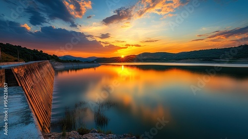 Sunset over a Calm Lake with a Dam photo