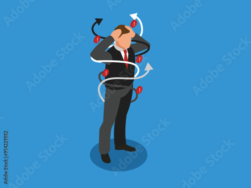 Frustrated businessman with tangled messy rope around 3d isometric vector illustration