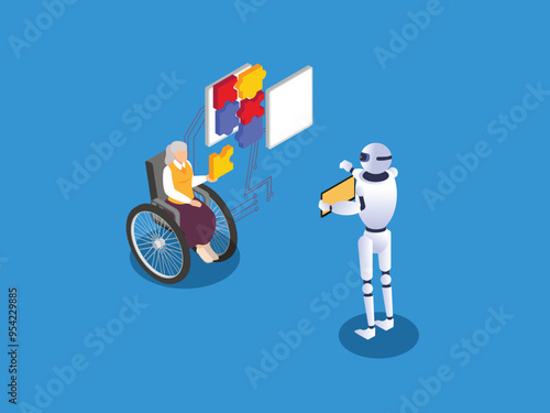 Robot help female elderly on a wheelchair with dementia playing jigsaw  3d isometric vector illustration