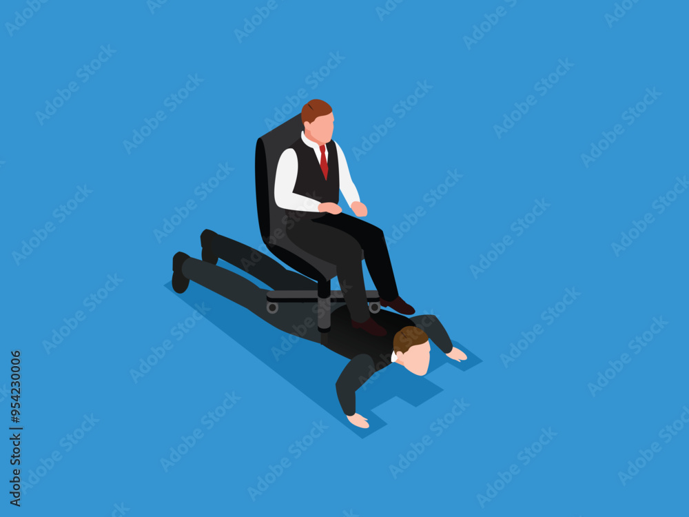 Boss sitting on the backs of employees 3d isometric vector illustration