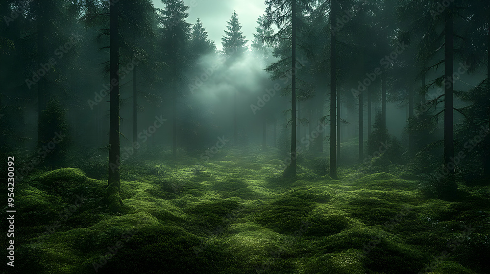 Obraz premium Misty forest with tall trees and green moss ground.