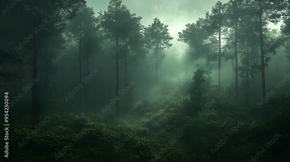 Obraz premium Misty forest with tall trees and lush green undergrowth.