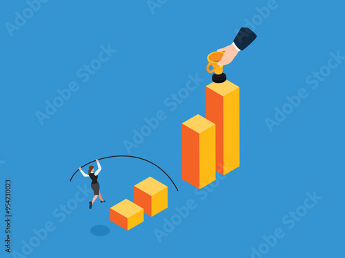 Businesswoman jumps pole vault over graph bars - Business growth and goal achievement concept 3d isometric vector illustration