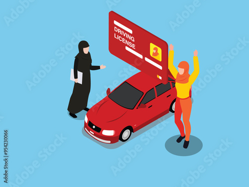 Happy new driver after passing driving test 3d isometric vector illustration