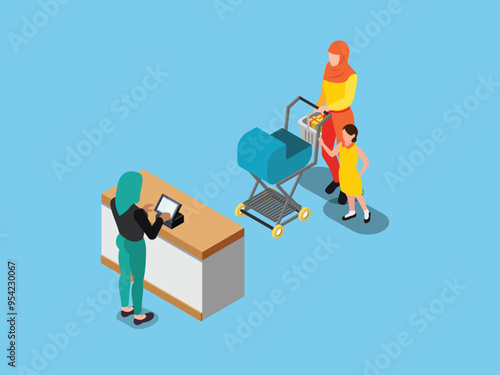 Muslim woman and children shopping in a store with a cashier counter and shopping cart 3d isometric vector illustration