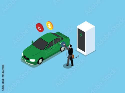 man charging his electric car ev 3d isometric vector illustration