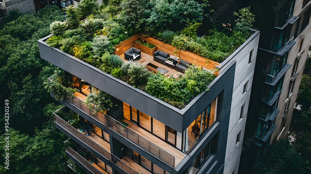 Modern apartment building with a green roof and balconies. Modern apartment building with a green roof and balconies.