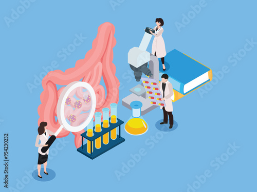 Doctor holds magnifying glass and examines colon. Group of proctologists analysis perianal area 3d isometric vector illustration