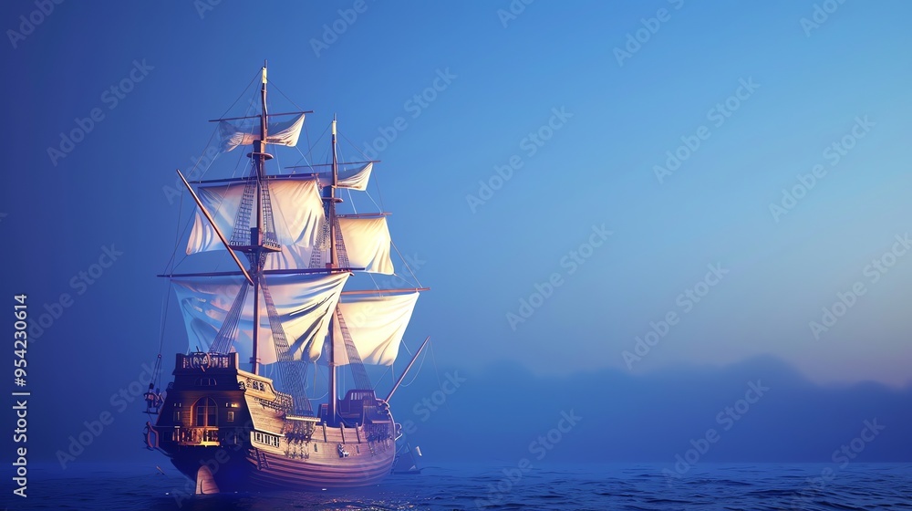 A large sailing ship with white sails travels through a misty sea, under a blue sky.