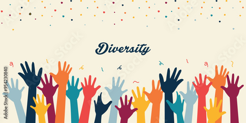 Raised hands of volunteer group, colorful banner.Vector 