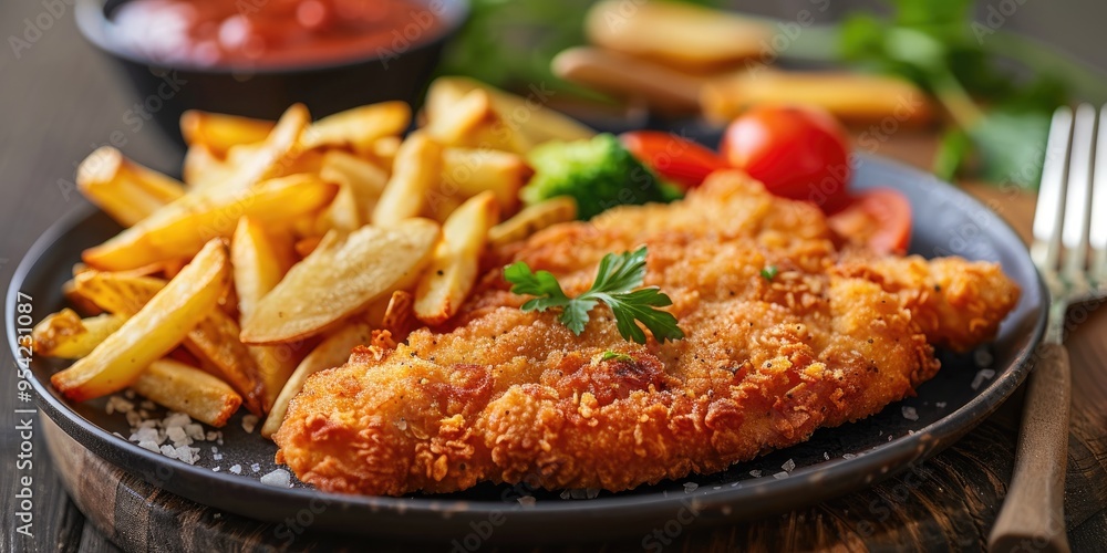Crispy Chicken Steak with French Fries and Vegetables Crispy Chicken Steak with French Fries and Vegetables