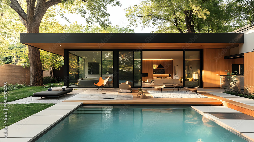 Fototapeta premium Modern house with a swimming pool and patio furniture.