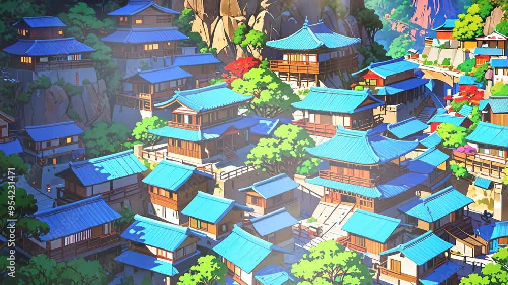 Aerial view of a traditional Asian village nestled in a mountainside. The village features blue-tiled roofs, wooden buildings, and lush green trees. Sunlight bathes the scene. Aerial view of a traditional Asian village nestled in a mountainside. The village features blue-tiled roofs, wooden buildings, and lush green trees. Sunlight bathes the scene.
