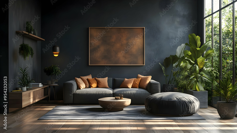 Modern living room with a dark grey sofa, wooden coffee table, large window, and plants. Modern living room with a dark grey sofa, wooden coffee table, large window, and plants.