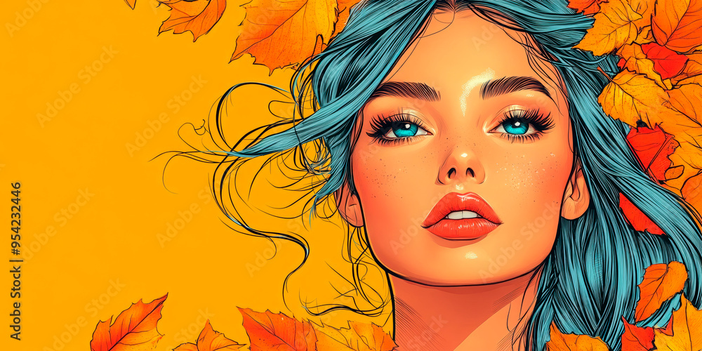 A vibrant pop art illustration of a woman with blue hair surrounded by autumn leaves on a bright orange background. Ideal for concepts of art, fashion, and seasonal trends. Perfect for use in fashion A vibrant pop art illustration of a woman with blue hair surrounded by autumn leaves on a bright orange background. Ideal for concepts of art, fashion, and seasonal trends. Perfect for use in fashion