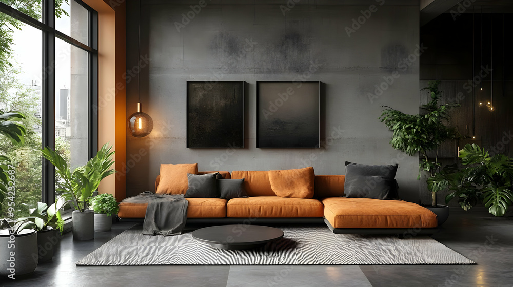 Modern living room with an orange sectional sofa, two black framed paintings, and large windows. Modern living room with an orange sectional sofa, two black framed paintings, and large windows.