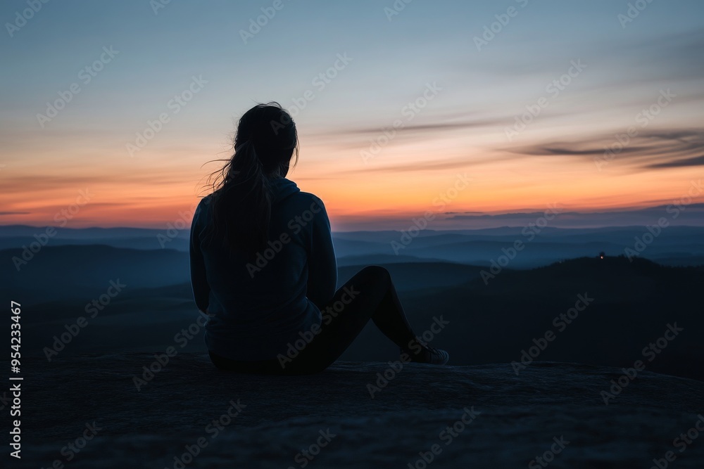 Silhouette of a person sitting on a mountaintop during a serene sunset overlooking distant hills Silhouette of a person sitting on a mountaintop during a serene sunset overlooking distant hills
