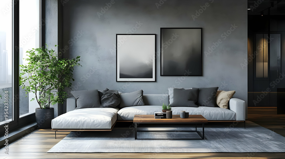 Modern living room with sectional sofa, grey walls, and two framed abstract prints. Modern living room with sectional sofa, grey walls, and two framed abstract prints.