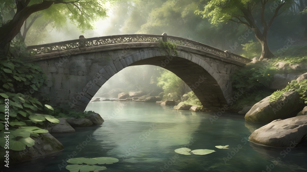 Fototapeta premium Stone Bridge Over Tranquil River in Misty Forest
