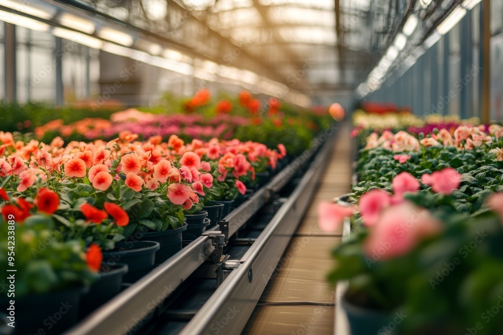 Vibrant flowers bloom in a greenhouse with soft sunlight illuminating the colorful petals, creating a serene atmosphere of growth and beauty. Generative AI Vibrant flowers bloom in a greenhouse with soft sunlight illuminating the colorful petals, creating a serene atmosphere of growth and beauty. Generative AI