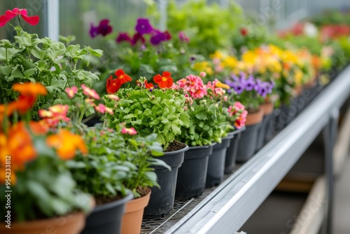 Vibrant flower display in a greenhouse showcasing a variety of colorful blooms during springtime. Generative AI