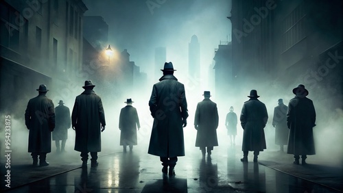 Silhouetted figures in long coats gather at fog-shrouded city streets, their faces obscured by shadows, evoking an air photo