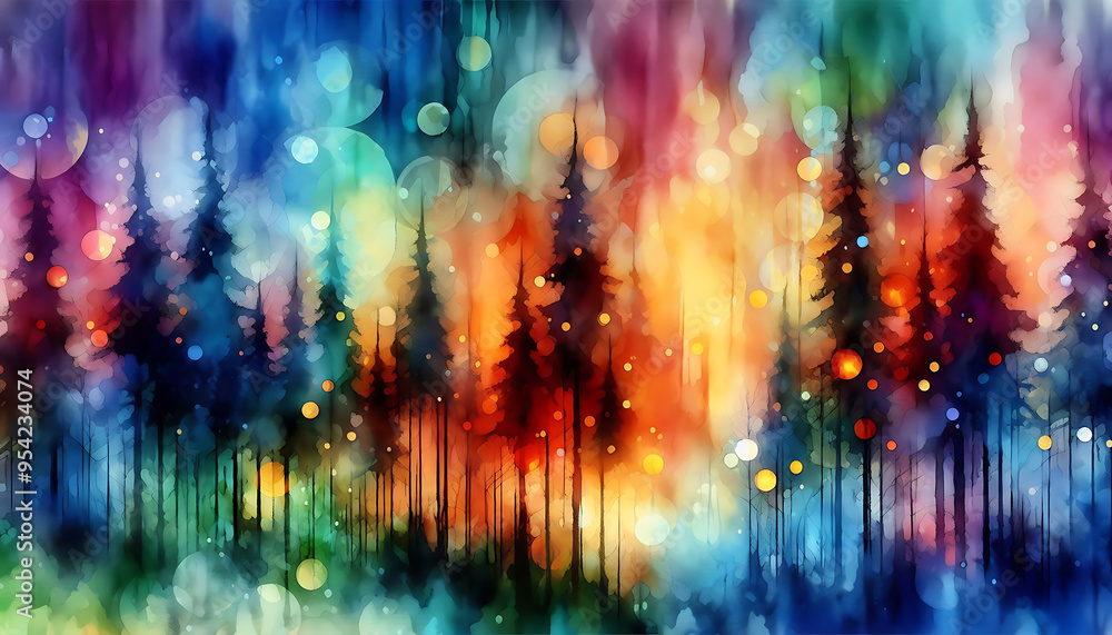 Abstract depiction of a forest at dusk tall dark evergreen trees against a colorful background. The scene is illuminated by numerous glowing orbs of light in warm hues of orange yellow and cool blues Abstract depiction of a forest at dusk tall dark evergreen trees against a colorful background. The scene is illuminated by numerous glowing orbs of light in warm hues of orange yellow and cool blues