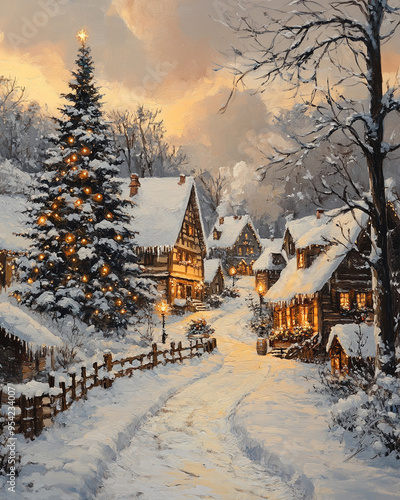 oil painting of village in the winter