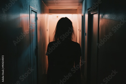 Silhouette of a Person Standing in a Narrow Dimly Lit Hallway at Nighttime