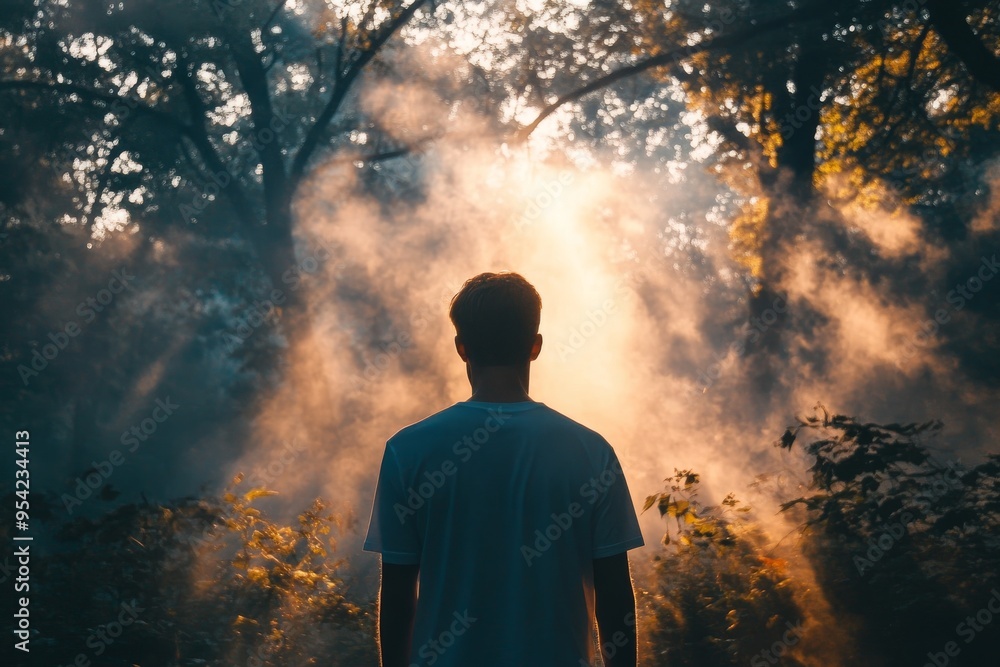 Obraz premium Person Standing in Misty Forest with Sunlight Filtering Through Trees at Dusk