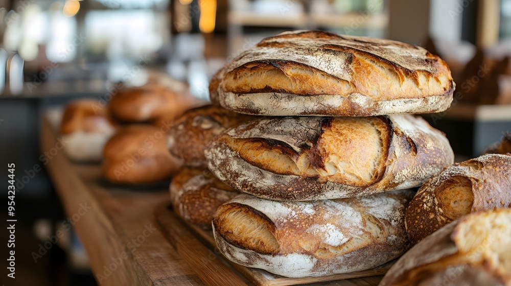 Freshly Baked Artisan Bread Loaves on Wooden Countertop Freshly Baked Artisan Bread Loaves on Wooden Countertop
