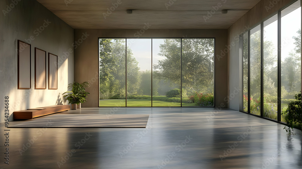 Fototapeta premium Modern minimalist living room with large windows overlooking a lush garden.