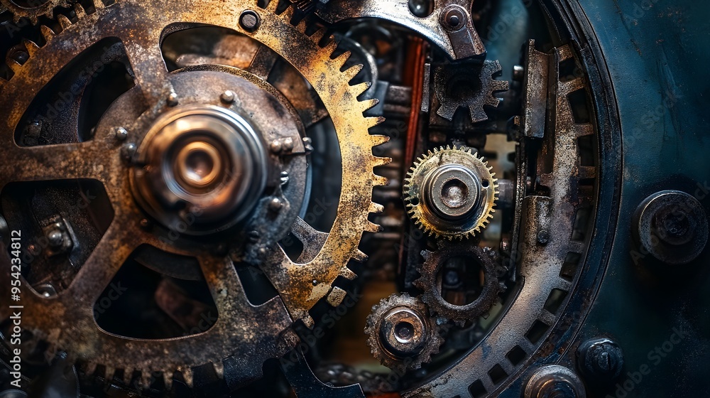 Closeup of Rusty Gears and Cogwheels in Industrial Machine Closeup of Rusty Gears and Cogwheels in Industrial Machine
