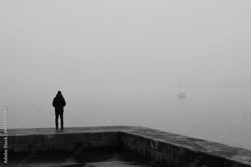 Solitary Figure Overlooking Misty Lake with Distant Boat in Foggy Landscape Solitary Figure Overlooking Misty Lake with Distant Boat in Foggy Landscape