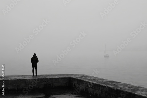 Solitary Figure Overlooking Misty Lake with Distant Boat in Foggy Landscape